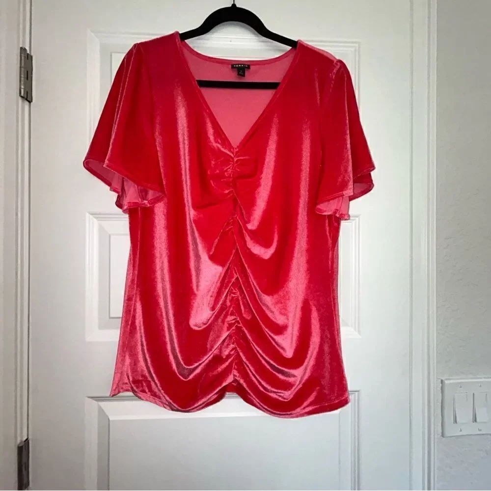Torrid Velour Flutter Short Sleeve Ruched Front Shirt Top